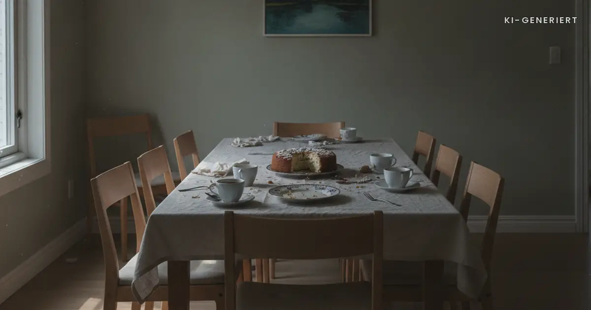 Esstisch nach dem Besuch mit Kaffeetassen, Streit mit den Schwiegereltern