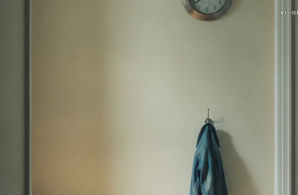Flur am frühen Morgen mit einzelnem Kinderschuh und Uhr, Stress am Morgen mit Kind