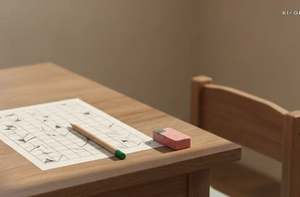 Ausgedrucktes Rätselblatt mit Bleistift und Radiergummi, Sudoku für Kinder