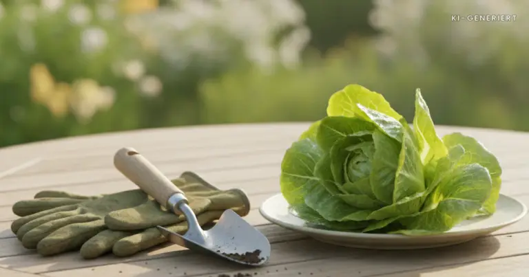 Gartenhandschuhe und gewaschener Salat auf dem Gartentisch, Toxoplasmose Schwangerschaft