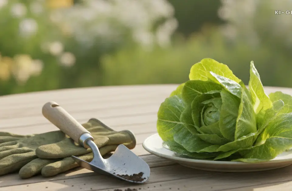 Gartenhandschuhe und gewaschener Salat auf dem Gartentisch, Toxoplasmose Schwangerschaft