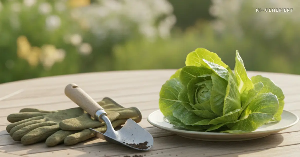 Gartenhandschuhe und gewaschener Salat auf dem Gartentisch, Toxoplasmose Schwangerschaft