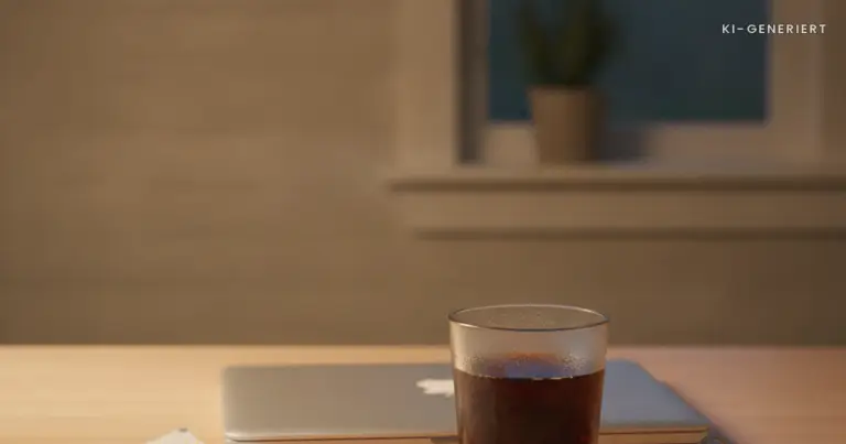 Küchentisch am Abend mit Laptop, Kaffeetasse und Autoschlüssel, Vereinbarkeit Familie und Beruf