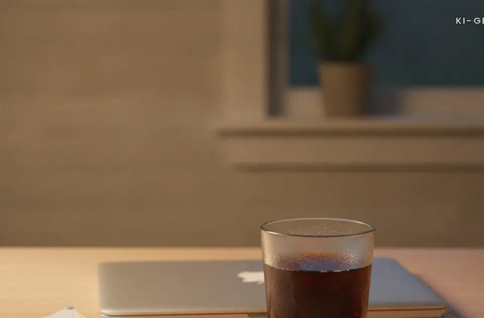 Küchentisch am Abend mit Laptop, Kaffeetasse und Autoschlüssel, Vereinbarkeit Familie und Beruf