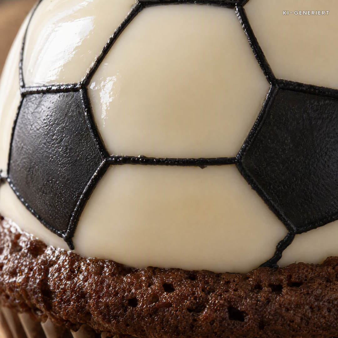 Fußball-Muffin für den Kindergeburtstag in Nahaufnahme mit dem Fünfeck-Muster der Schokoladenkuppel
