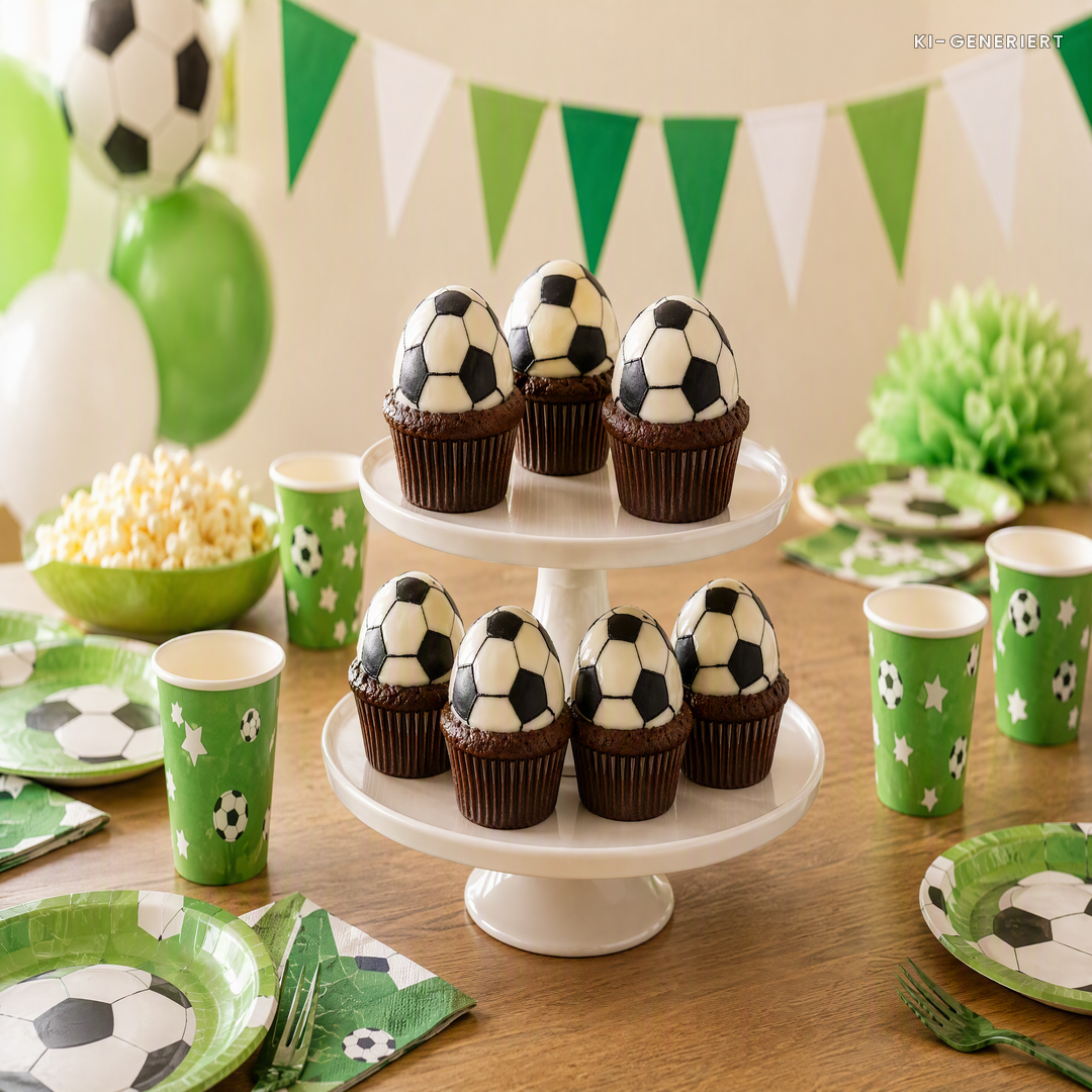Fußball-Muffins für den Kindergeburtstag auf einer Etagere beim Kindergeburtstag