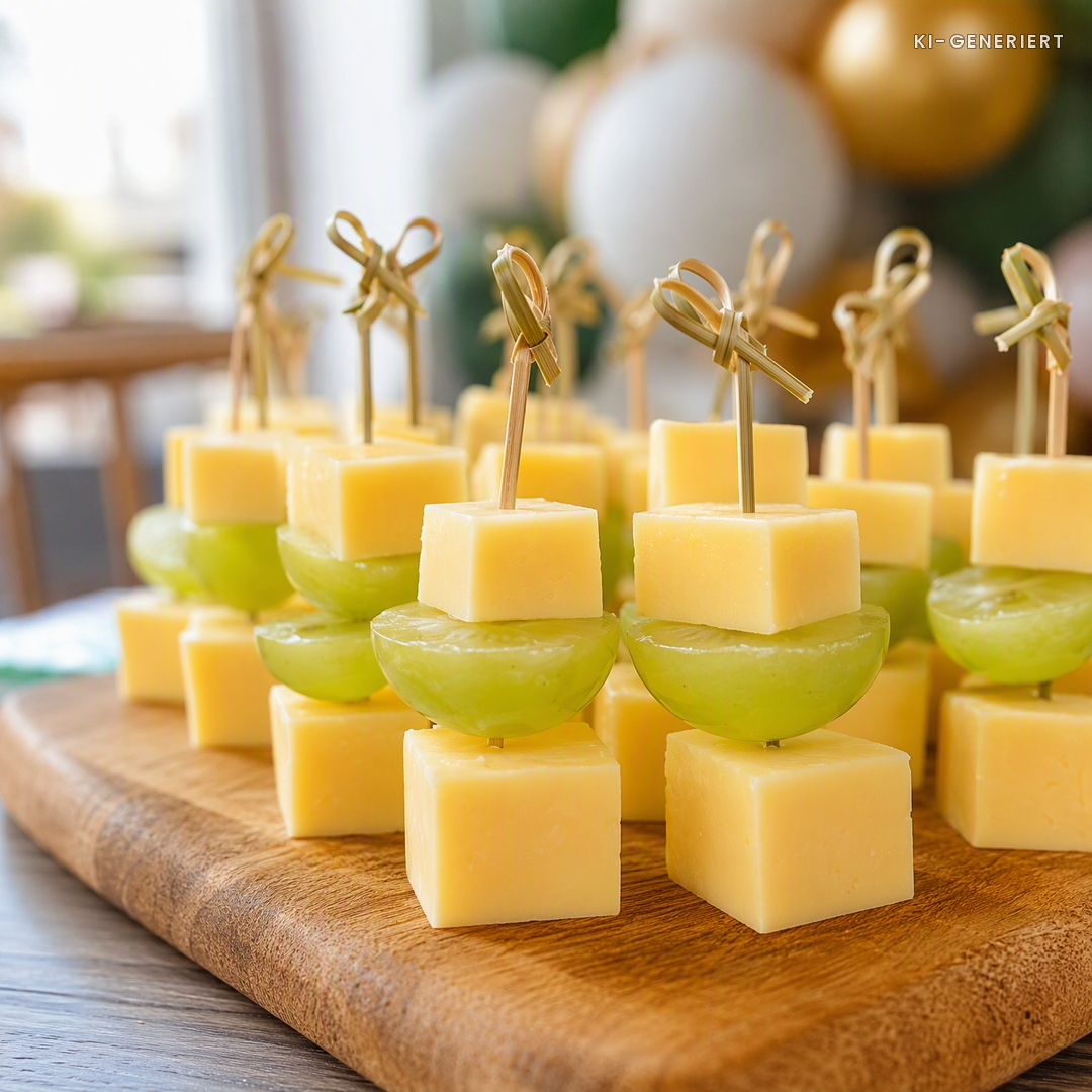 Käse-Trauben-Spieße für den Kindergeburtstag auf einem Holzbrett