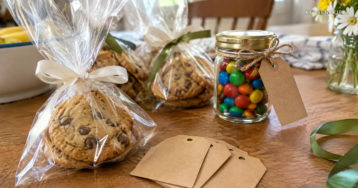 Selbst gemachte Mitgebsel: Kekse in Cellophanbeuteln und ein Glas mit Bonbons