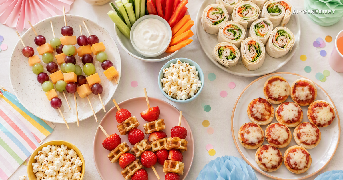Snacktisch für den Kindergeburtstag mit Käse-Trauben-Spießen, Gemüsesticks, Wrap-Röllchen, Mini-Pizzabrötchen, Waffelspießen und Popcorn
