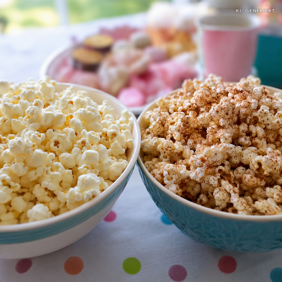 Zwei Schüsseln Popcorn für den Kindergeburtstag, süß und salzig