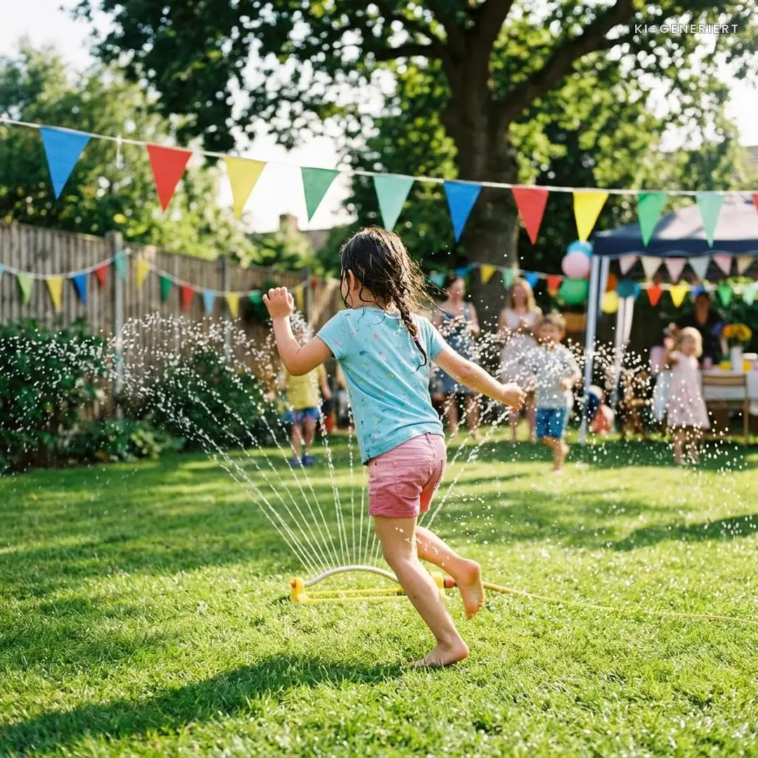 Kind läuft durch den Wasserbogen eines Rasensprengers bei einem Kindergeburtstag