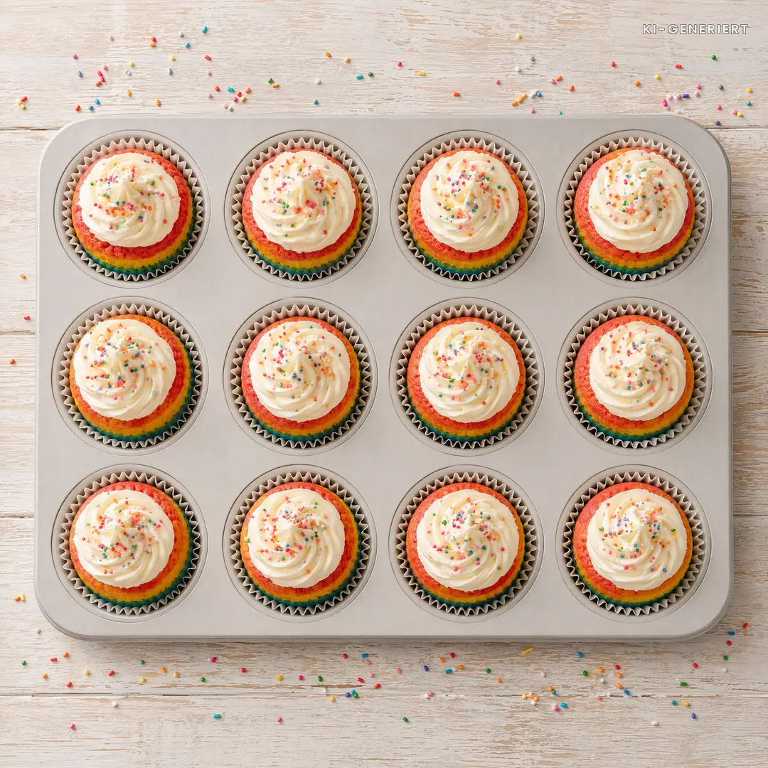 Zwölf Regenbogen-Muffins für den Kindergeburtstag von oben in der Muffinform