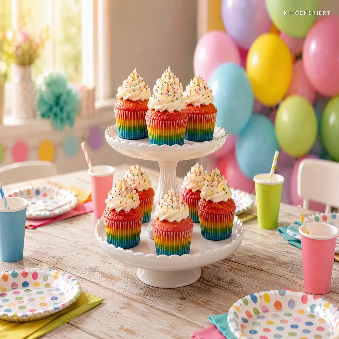 Regenbogen-Muffins für den Kindergeburtstag auf einer Etagere beim Kindergeburtstag
