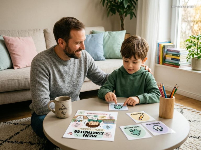Vater und Kind sortieren gemeinsam die Karten von Mein Starthelfer