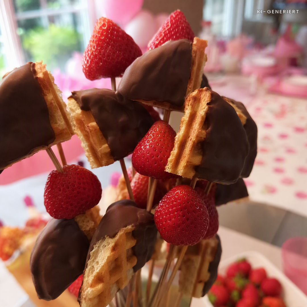 Süße Waffelspieße mit Erdbeeren für den Kindergeburtstag
