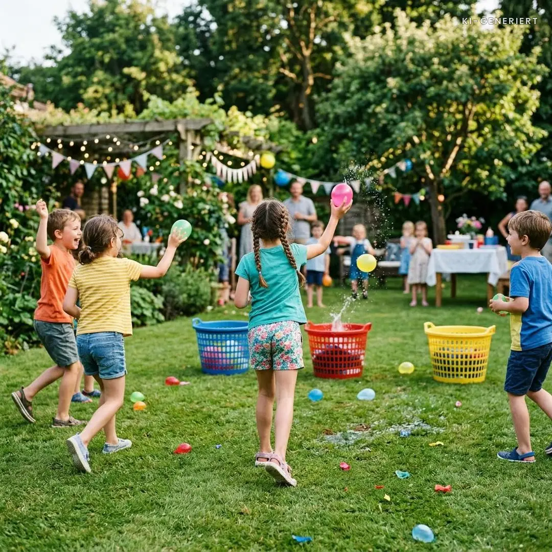 Kinder werfen Wasserbomben Richtung Wäschekörbe bei einem Kindergeburtstag