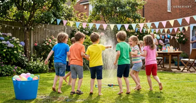 Kinder spielen bei einem Kindergeburtstag am Rasensprenger, Wasserbomben im Eimer