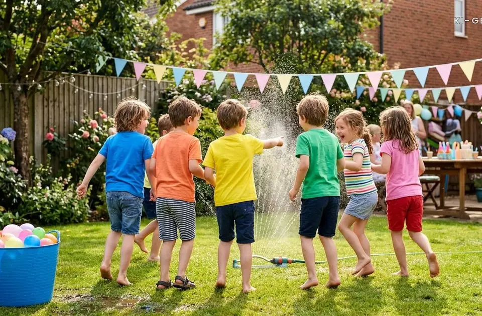 Kinder spielen bei einem Kindergeburtstag am Rasensprenger, Wasserbomben im Eimer