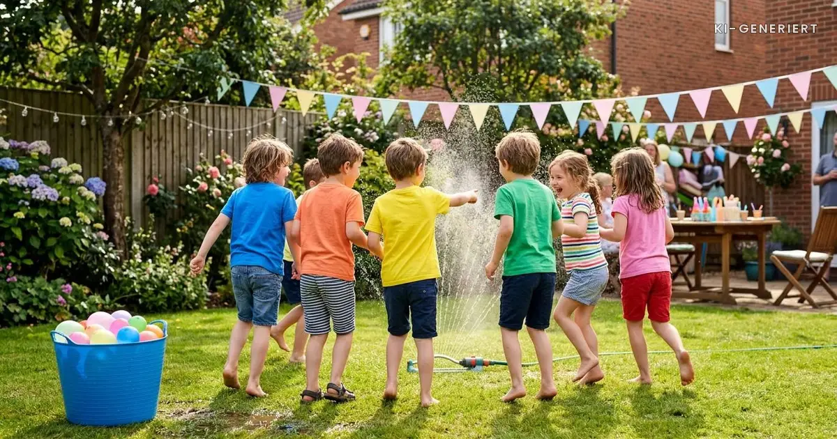 Kinder spielen bei einem Kindergeburtstag am Rasensprenger, Wasserbomben im Eimer