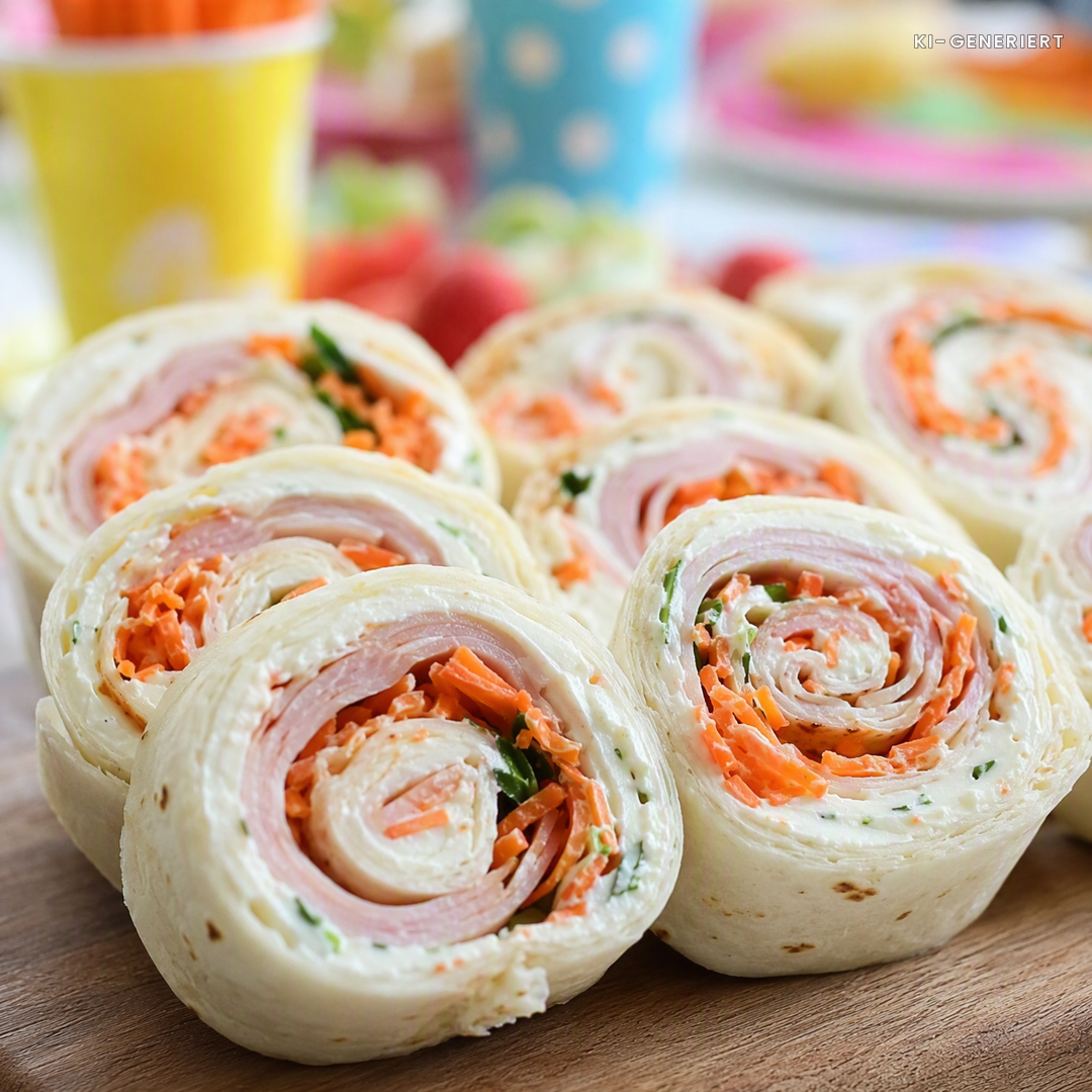 Herzhafte Wrap-Röllchen für den Kindergeburtstag aufgeschnitten