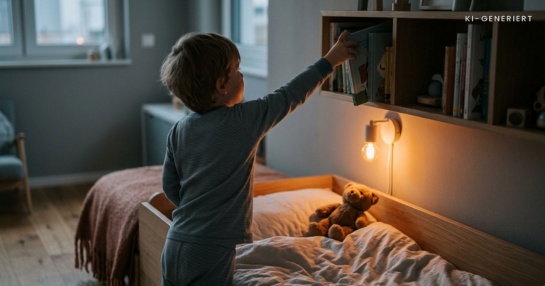 Kind greift abends nach einem Buch am Bett, Teddybaer liegt bereit