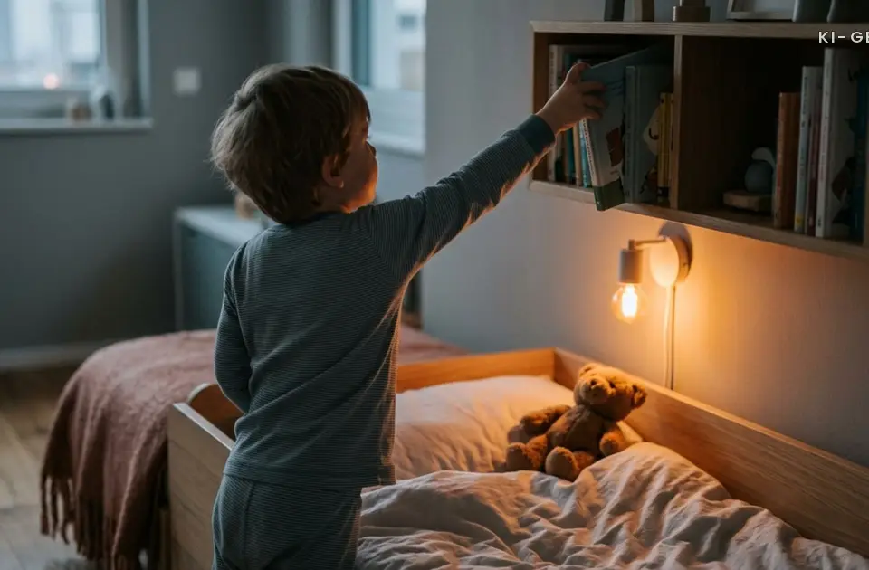 Kind greift abends nach einem Buch am Bett, Teddybaer liegt bereit
