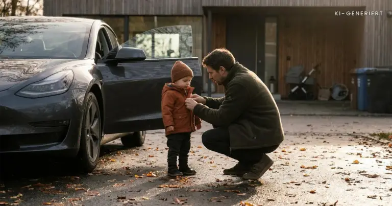 Vater zieht Baby im Herbst für den Weg zum Auto die Jacke an