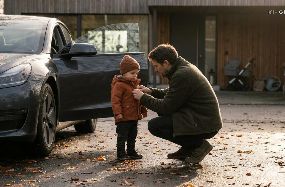 Vater zieht Baby im Herbst für den Weg zum Auto die Jacke an