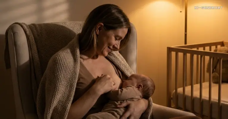 Einschlafstillen klappt nicht mehr: Mutter stillt ihr Baby abends im abgedunkelten Zimmer