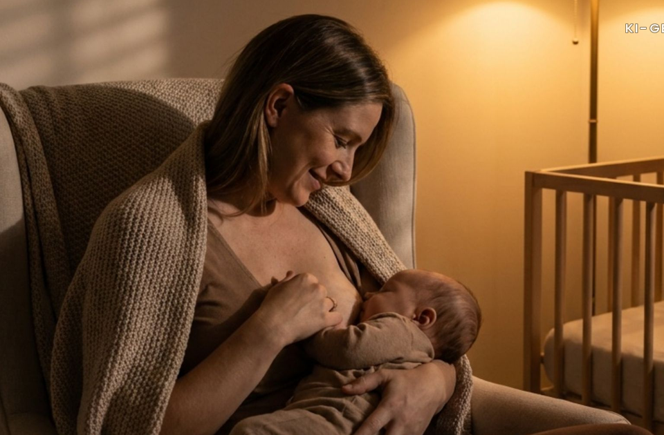 Einschlafstillen klappt nicht mehr: Mutter stillt ihr Baby abends im abgedunkelten Zimmer