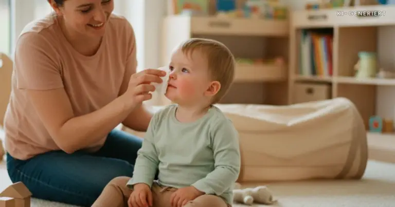Grippeimpfung bei Krippenkindern: was sie leistet und was nicht - Kind wird von einer Betreuungsperson die Nase geputzt