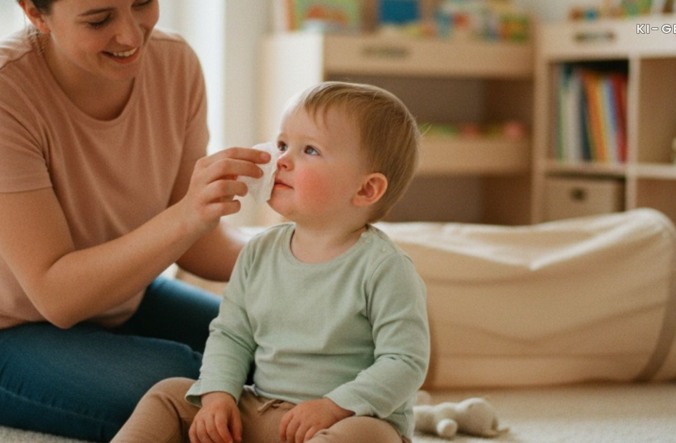 Grippeimpfung bei Krippenkindern: was sie leistet und was nicht - Kind wird von einer Betreuungsperson die Nase geputzt