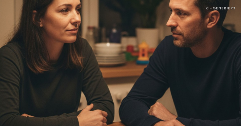 Mental Load bei beiden Elternteilen in Vollzeit: Mutter und Vater sitzen abends am Kuechentisch