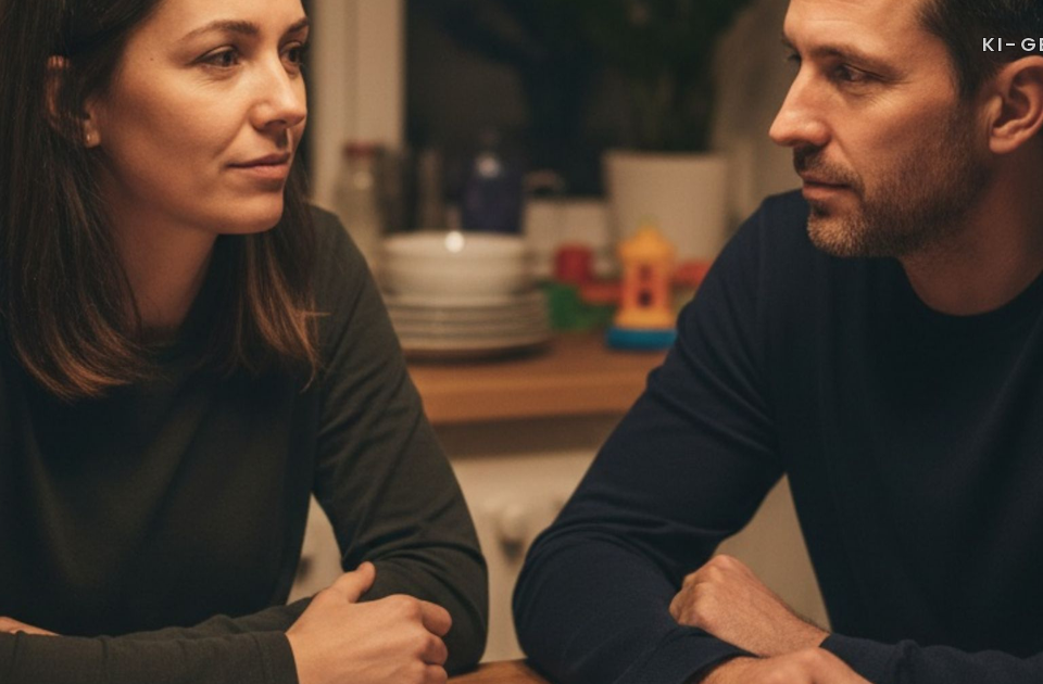 Mental Load bei beiden Elternteilen in Vollzeit: Mutter und Vater sitzen abends am Kuechentisch