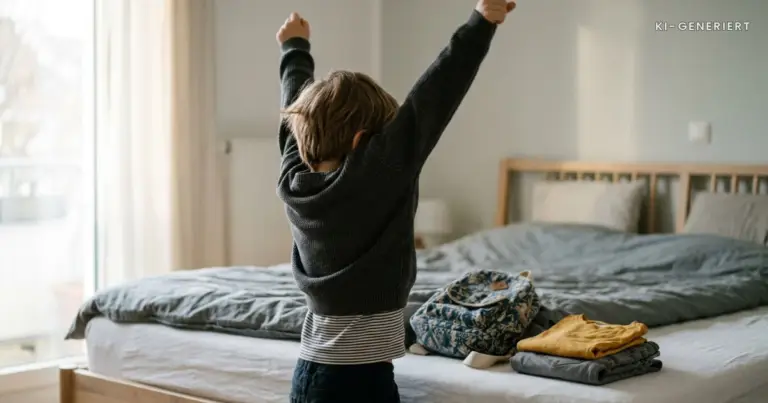 Kind streckt morgens die Arme hoch beim Anziehen, Rucksack und Kleidung liegen bereit