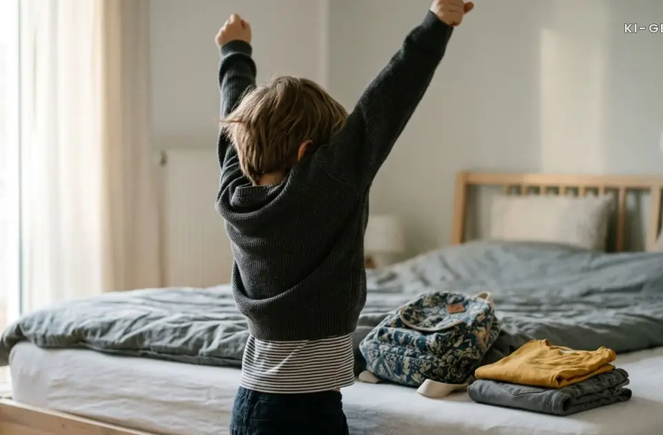 Kind streckt morgens die Arme hoch beim Anziehen, Rucksack und Kleidung liegen bereit