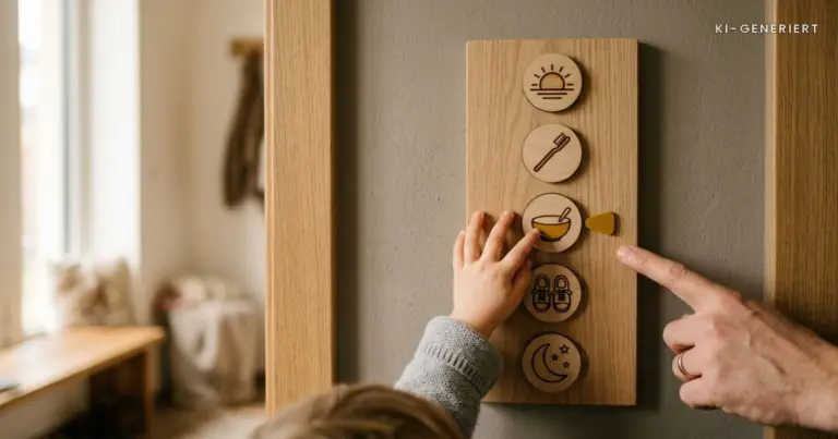 Kinderhand zeigt auf ein Symbol an einer Tagesplan-Tafel mit Sonne, Zahnbuerste, Teller, Schuhen und Mond