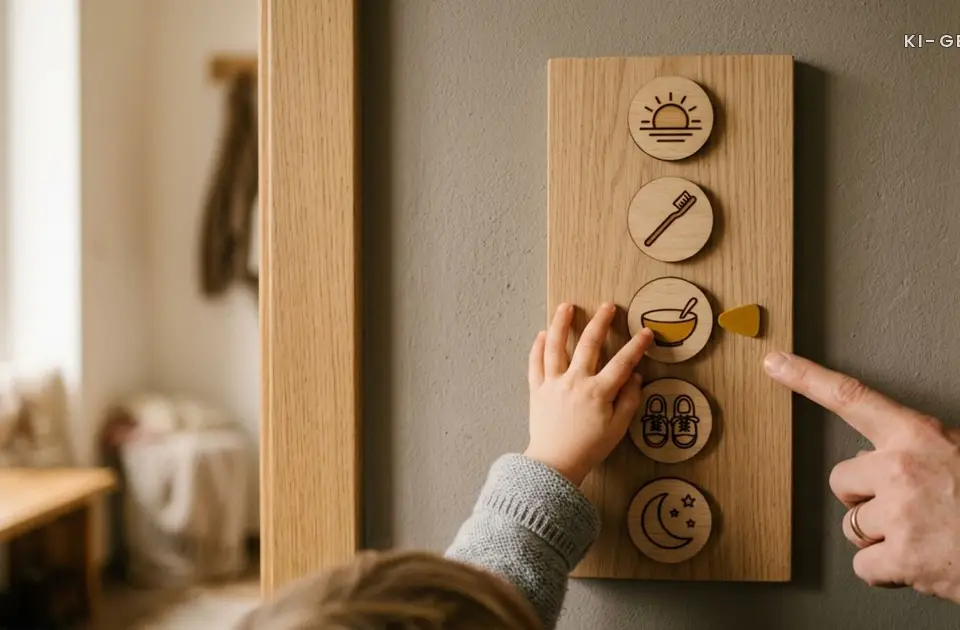 Kinderhand zeigt auf ein Symbol an einer Tagesplan-Tafel mit Sonne, Zahnbuerste, Teller, Schuhen und Mond