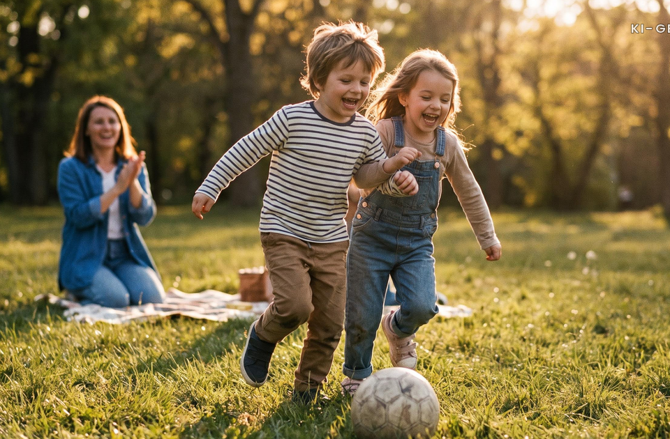 Zwei Kinder rennen lachend einem Ball hinterher, im Hintergrund klatscht ein Elternteil im Park