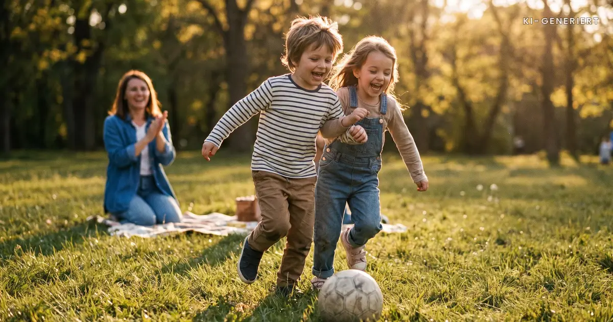 Zwei Kinder rennen lachend einem Ball hinterher, im Hintergrund klatscht ein Elternteil im Park